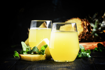 Freshly squeezed pineapple juice, selective focus