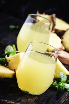 Freshly squeezed pineapple juice, selective focus