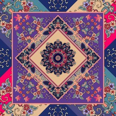 Hispanic shawl. Unique ornamental pattern in ethnic style with flower mandala and unusual frame. Diagonal composition. Wedding invitation.