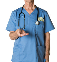 Senior doctor in scrubs asking for payment