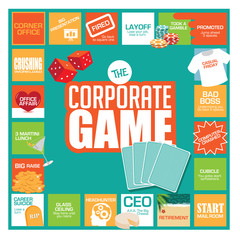 Playing the corporate game. With humorous stops and obstacles along the way, from starting in the mailroom to CEO and retirement. Flat design. EPS 10 vector. - 140689142