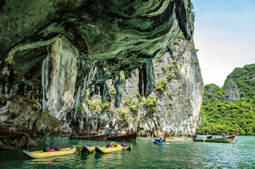 The kayaks near the caves in Phuket, Thailand