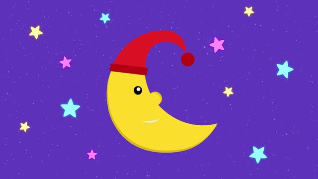 Cute cartoon character of Smiling Moon With Sleeping Hat Background and colorful stars rotation. animation of happy moon seamless loop. background for children or babies full hd and 4k.