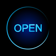 Blue neon sign of the word Open on a black background.