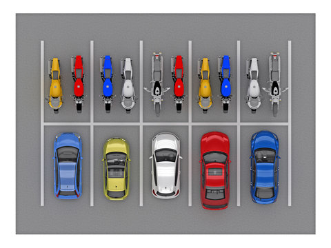 parking car and bike top view 3d rendering