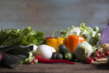 Healthy food, Fresh vegetables on the wooden surface, place for typography