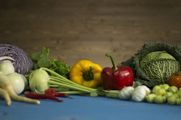 Healthy food, Fresh vegetables on the wooden surface, place for typography