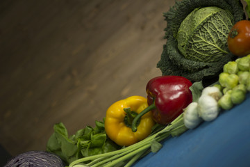 Healthy food, Fresh vegetables on the wooden surface, place for typography