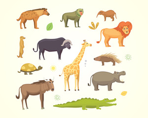 African animals cartoon vector set. elephant, rhino, giraffe, cheetah, zebra, hyena, lion, hippo, crocodile, gorila and outhers. safari isolated illustration.