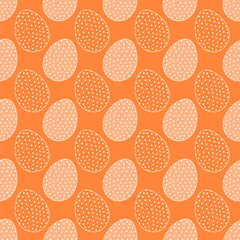 Easter doodle eggs. Traditional background with colored eggs and dots. Seamless red abstract background for spring holidays. Gift wrapping paper design