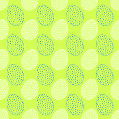 Easter doodle eggs. Traditional background with colored eggs and dots. Seamless lime green abstract background for spring holidays. Gift wrapping paper design
