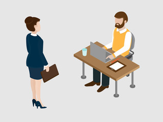 Job interview concept. Conversation between the boss and the subordinate concept. 3d isometric design vector illustration.
