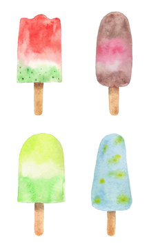 Watercolor collection of popsicles. Hand drawn colorful elements