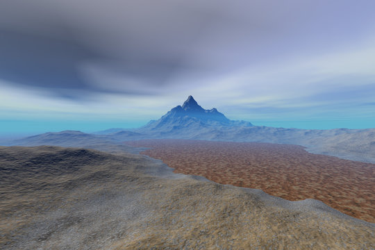 Fog on the desert, a natural landscape, blue horizon and cloudy sky