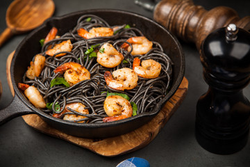 Black pasta with shrimps
