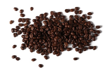 pile coffee beans isolated on white background and texture, top view