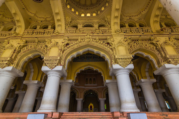 November 13, 2014: Pillars of the Thirumalai Nayakkar Mahal palace in Madurai, India