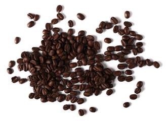pile coffee beans isolated on white background and texture, top view