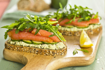 Open face salmon sandwich