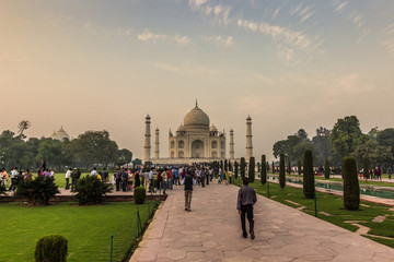 November 02, 2014: Panorama of the gardens of the Taj Mahal in Agra, India
