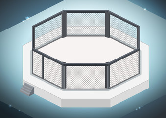 MMA cage. Octagon isometric view. Vector flat illustration.