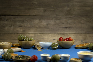 Various dried legumes in bowls for background, Raw legume on old rustic wooden table, Healthy protein food,