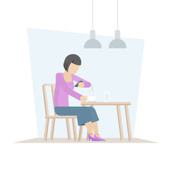 Coffee shop isolated on white background. Girl drink coffee at the table using phone. Vector flat illustration.