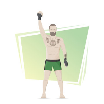 MMA Champion. Winner of the fights. Tattooed athlete. Vector flat illustration.