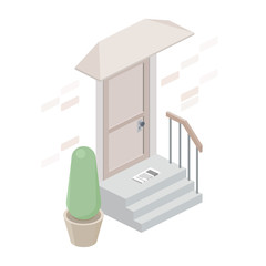 Entrance to the house isolated on white background. Mail delivery. Isometric stair, porch and door. Vector flat illustration.