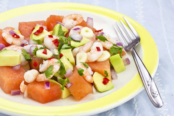 Avocado, shrimp watermelon summer salad