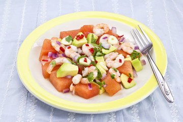 Avocado, shrimp watermelon summer salad
