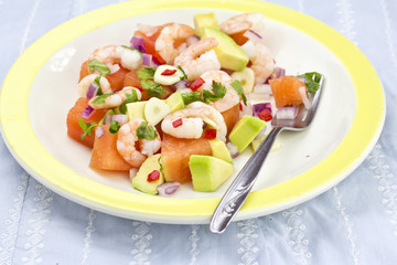 Avocado, shrimp watermelon summer salad
