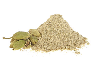 Cardamom powder and pods on a white background