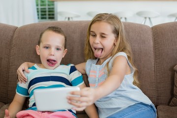 Sister and brother making funny selfie