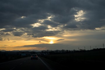 Obraz na płótnie Canvas Sunset on the road. Slovakia