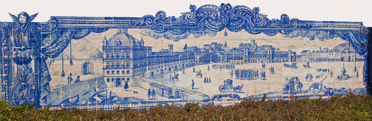 Historic tile mural in Lisbon, Portugal showing Lisbon before the 1755 earthquake. Church of Santa Luzia in the typical Azulejos blue glazed tiles.