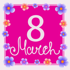 Pink background 8 march with flowers. Illustration
