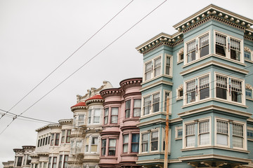Cable car wires run through neighborhood in San Francisco.
