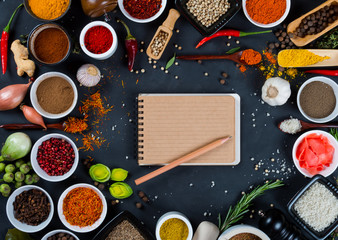 Large set of spices, herbs, vegetables, notebook and pencil on black background