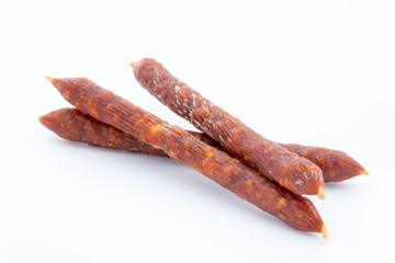 Smoked sausage salami isolated on a white background.