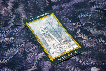 Tarot card The Hermit. Favole tarot deck. Esoteric background.