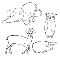 Vector white and black deer, owl, sheep and elephant drawn in line art isolated on white background