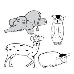 Vector white and black deer, owl, sheep and elephant drawn in line art isolated on white background