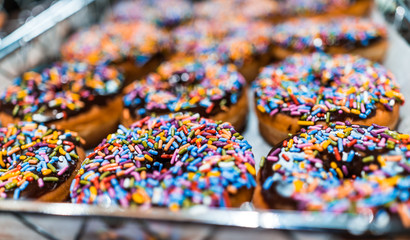 Fototapeta na wymiar Chocolate iced donuts with rainbow sprinkles