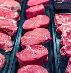 Cuts of tenderloin beef pieces on display in store