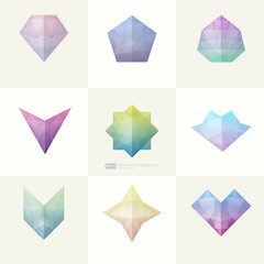 Set of trendy soft mesh facet crystal gem geometric logo icons. Abstract shapes for business visual identity- triangle, polygons and rectangular designs