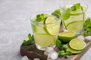 Cold refreshing summer drink in a glass on a grey concrete or stone background, selective focus, copy space