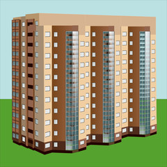 Four multistorey buildings against a blue background. Isometric vector illustration