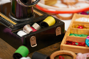 sewing accessories top view, seamstress workplace, many object for needlework, embroidery, handmade and handicraft