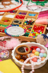 embroidery and sewing accessories top view, seamstress workplace, many object for needlework, handmade and handicraft